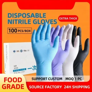100 Pcs Box Powder Free Disposable Nitrile Gloves Black Food Service Exam Quality Comfortable Stretch Fit