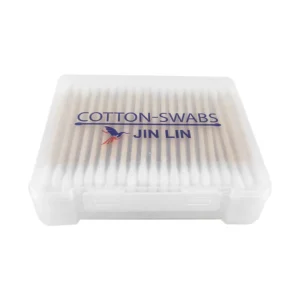 100Pcs Wooden Stick Cotton Swabs Single Sharp Tip and Single Round Tip Frosted Buckle Plastic Square Box