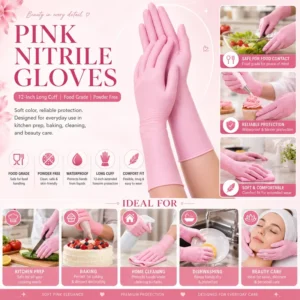 12 Inch Pink Food Grade Disposable Nitrile Gloves Powder Free, Customizable & Factory Direct OEM Supply