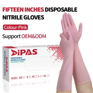 15 Inch Long Pink Nitrile Disposable Gloves with Grain Texture on Fingers Extra Durable Powder Free Latex Free Silicone Free
