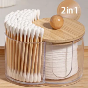 2 Compartment Qtip Holder with Bamboo Lid Clear Acrylic Cotton Swab Pad Organizer for Bathroom