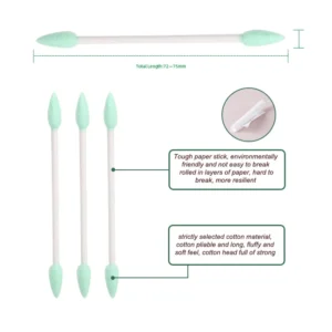 200 Pcs Cotton Bud Double Green Pointed Head Paper Stick Cotton Swabs with Round Box for Personal Hygiene