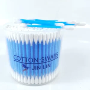 200Pcs Blue Plastic Stick Cotton Swabs Double Round Heads Round Cup Package Daily Use