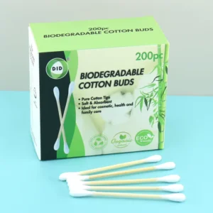 200pcs Premium Organic Cotton Swabs Qtips Double Round Head Multi Purpose Customize Logo and Box Bamboo Stick Ear Cleaning