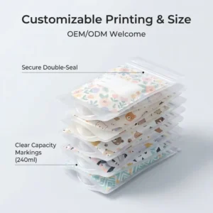 240ml Customize Breast Milk Freezer Bag BPA Free Stand up Freezer Storage Pouch with Double Zipper Top for Nursing Mothers
