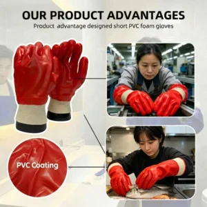 26cm Waterproof Oil Resistant Red Glossy PVC Safety Gloves with Polyester Interior for General Purpose Industry