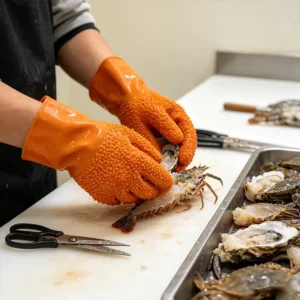 27cm Orange Granulated PVC Safety Gloves with Cotton Lining for Seafood Processing and Industrial Cleaning Task