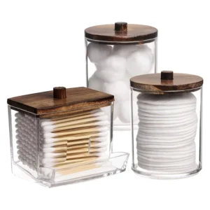 3 Pack Bathroom Qtip Holder Set Clear Acrylic Cotton Swab Cotton Ball Pad Organizer with Rustic Wood Lid