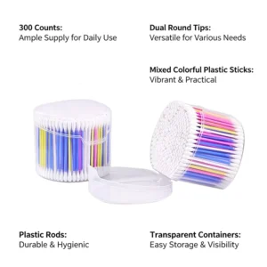300pcs Mixed Color Double Round Cotton Swabs Cotton Buds With Renovated Half Round Box for Cleaning and Makeup Removal Special