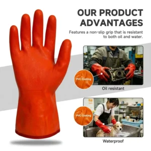 30cm Thermal Fluorescent Double Dipped PVC Work Gloves with Sandy Finish for Cold Storage Handling