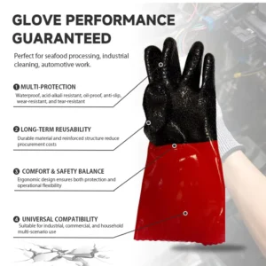 35cm Extra Long Red Black Textured PVC Work Gloves for Heavy Duty Industrial Grip and Protection