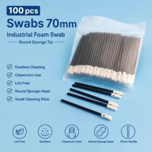 70mm Small Round Head Foam Swab 3.2mm Diameter Black PP Handle Polyurethane Open Cell Foam 100pcs pack