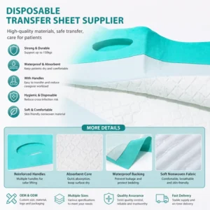 80*210cm High Quality Blue Super Absorbency Fluff Core Disposable Transfer Sheet With Handle