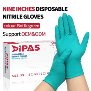 9 Inch Dark Green Nitrile Gloves Powder Free Industrial Grade Food Safe