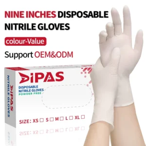 9 Inch Transparent White Nitrile Examination Gloves Disposable Ambidextrous
