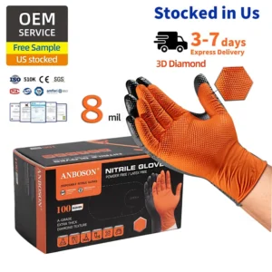 ANBOSON 8mil Orange Nitrile Gloves Industrial Grade Heavy Duty Powder Free Textured for Mechanic Maintenance Repair Work