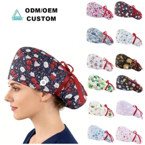 Adjustable Cartoon Print Nursing Scrub Hats Breathable Medical Uniform Hats with Button Caps