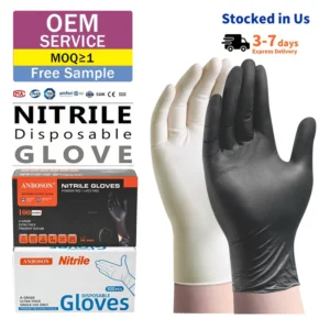 Anboson Medical Factory Accept OEM 100 Pack Black Disposable Nitrile Gloves Powder Latex Free 100% Pure Nitrile Glove