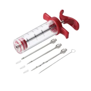 BBQ Meat Marinade Injector Syringe Kit with 3 Stainless Steel Needles & Cleaning Brush for Turkey Beef & Grilling Cooking