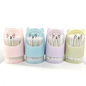Baby Cotton Swabs in a Cute Bear-shaped Rotating Box. These Are Cartoon-style, Double-ended Disposable Cotton Swabs.