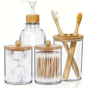 Bamboo Cotton Bud Holder 4 Piece Swab Dispenser with Lid Modern Round Design for Bathroom Living Room Storage