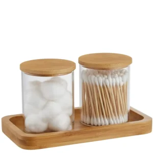 Bamboo and Glass Three Piece Bathroom Jars with Vanity Tray Eco Friendly Easy to Use for Cotton Ball Pads Swabs Hair Ties