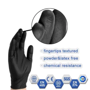 Black Nitrile Gloves 6 Mil Thick Powder Free Bulk Textured Fingertips Medical Examination Gloves for Medical Hospitals Nursing