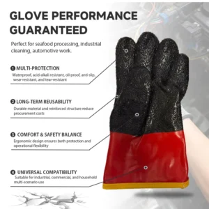 Bulk Price 30cm Red Black Textured Cold Resistant PVC Gloves Thermal Lining Non slip Grip Safety Gloves