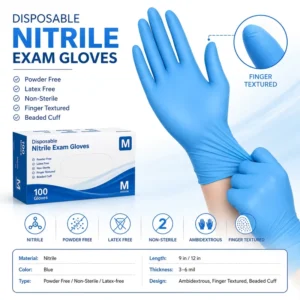 CE Certified 7mil Examination Nitrile Disposable Gloves Textured Fingers Powder Free Silicone Free Non Sterile 100pcs Box Blue