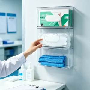 Clear PET Hanging Wall Mounted Gloves Box Holder with Magnetic Lid PPE Storage for Hospital Clinic Dental Use