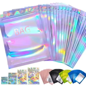 Clear Silver Reclosable Mylar Bags For Zip Heat Sealable Rainbow Foil Holographic Pouch Bags