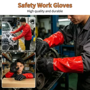 Custom 35cm Red and Black Granulated PVC Safety Gloves with Polyester Lining for Industrial and Oil Working Task