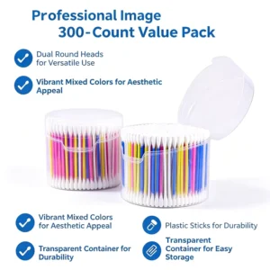 Custom Daily Use Disposable 300pcs Mixed Color Double Round Head Cotton Swabs pp Stick Cotton Buds With Renovated Half Round Box