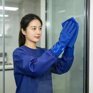 Custom Extra Long Blue Sandy Surface Safety Gloves with Polyester Liner for Industrial and Chemical Cleaning Task