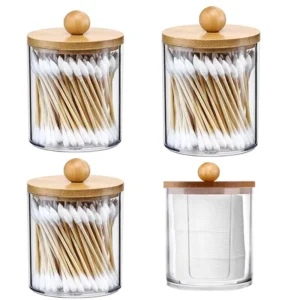 Custom Transparent Makeup Remover Cotton Bin Plastic Round Cotton Swab Storage Box with Bamboo Lid