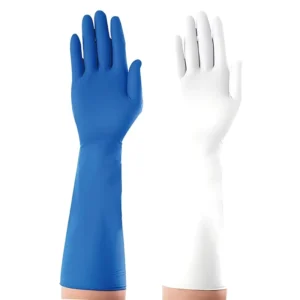 Customized 16 Inch Long Cuff Nitrile Disposable Safety Gloves in White Blue Sizes S M L XL for Work