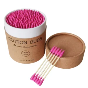 Customized Logo Disposable Multi-Function Colored Pink Bamboo Cotton Swab Natural Degradable with Pointed Tip
