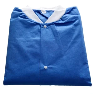 Dark Blue Disposable Non Woven Safety Clothing Level D Protection Dustproof Knee Length Laboratory Visitor Coat