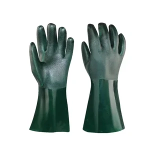 Defsafety Quality Durable Long Cuff Oil Chemical Resistant PVC Gloves Anti Slip Dark Green Double Dipped Flannel Lining