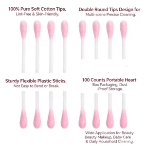 Disposable Absorbent Beauty Cleanup Pink Round Head Cotton Bud 100pcs pp Stick Cotton Swabs With Love Box
