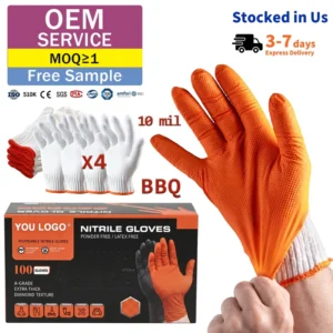 EN374 BBQ Orange 10mil Diamond Textured Nitrile Gloves 4 Cotton Liners Food Prep Catering Guantes De Nitrilo Meat Processing