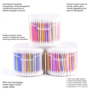 Ear Stick Ear Cleaning 300pcs Mixed Color Double Round Head Cotton Swabs PP Stick Cotton Buds with Renovated Half Round Box