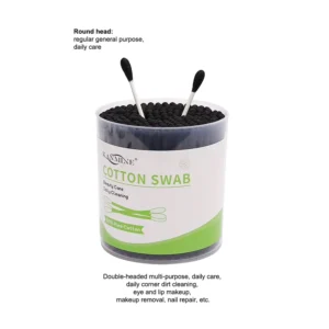 Eco Friendly 200 Pcs Cotton Bud Double Black Round Head Paper Stick Cotton Swabs with Round Box