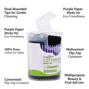 Eco Friendly Biodegradable Cotton Bud 150Pcs Purple Paper Sticks Black Tip Cotton Swabs With Bullet Cover Box