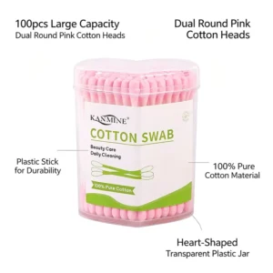 Eco Friendly Biodegradable Hospital Pink Round Head Cotton Bud 100pcs pp Stick Cotton Swabs With Love Box