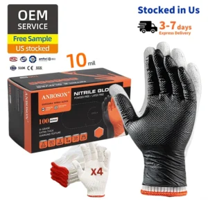 Factory Examination Industrial Diamond Dotted Duty Gloves Disposable Powder Free Black Nitrile Gloves