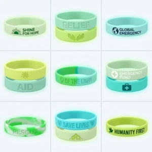 Glow Dark Humanitarian Aid NGO Silicone Wristband Eco Friendly Debossed Custom Logo OEM Factory Bulk Global Emergency Relief