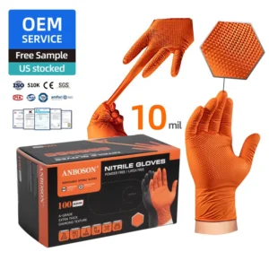 Heavy Duty Diamond Textured Nitrile Safety Gloves Puncture Resistance in Orange Black for Industrial Working and Food Handling