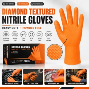Heavy Duty Diamond Textured Powder Free Nitrile Gloves for Automotive and Industrial Work