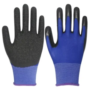 Heavy Duty Durable Industrial Construction Mechanical Blue Nylon Knit Black Latex Grip Crinkle Palm Coated Safety Work Gloves